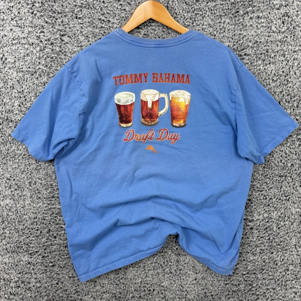 Tommy Bahama Shirt Mens XL Blue Draft Day Beer Graphic Logo Tee Relax Cotton